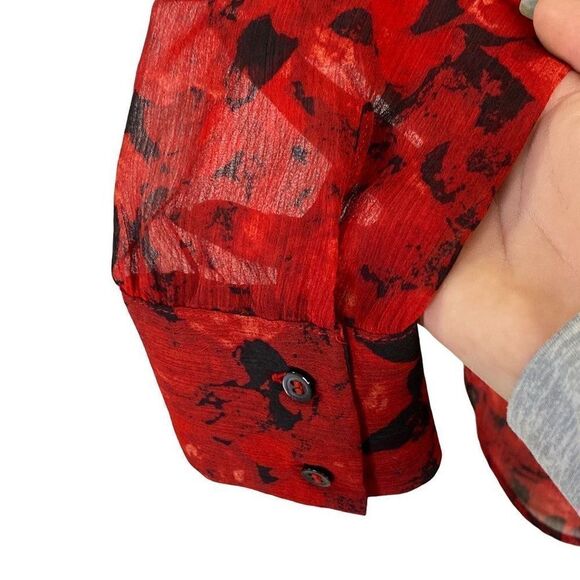 Joe Fresh Sheer Red Black Floral Ruffle Collar Tie Front Top Size Small - Picture 4 of 6